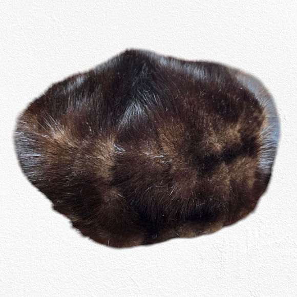 50s Vintage Brown Mink Fur Pillbox Hat Mid-Century Satin Lined Formal Winter Hat - Picture 3 of 6